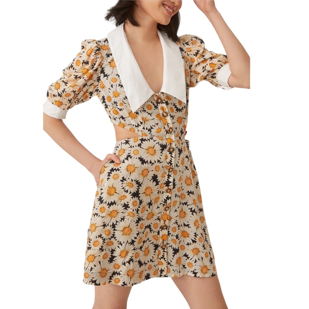 Maeve Anthropologie Puff Sleeve Printed Cutout Mini Dress Size XS Black Floral